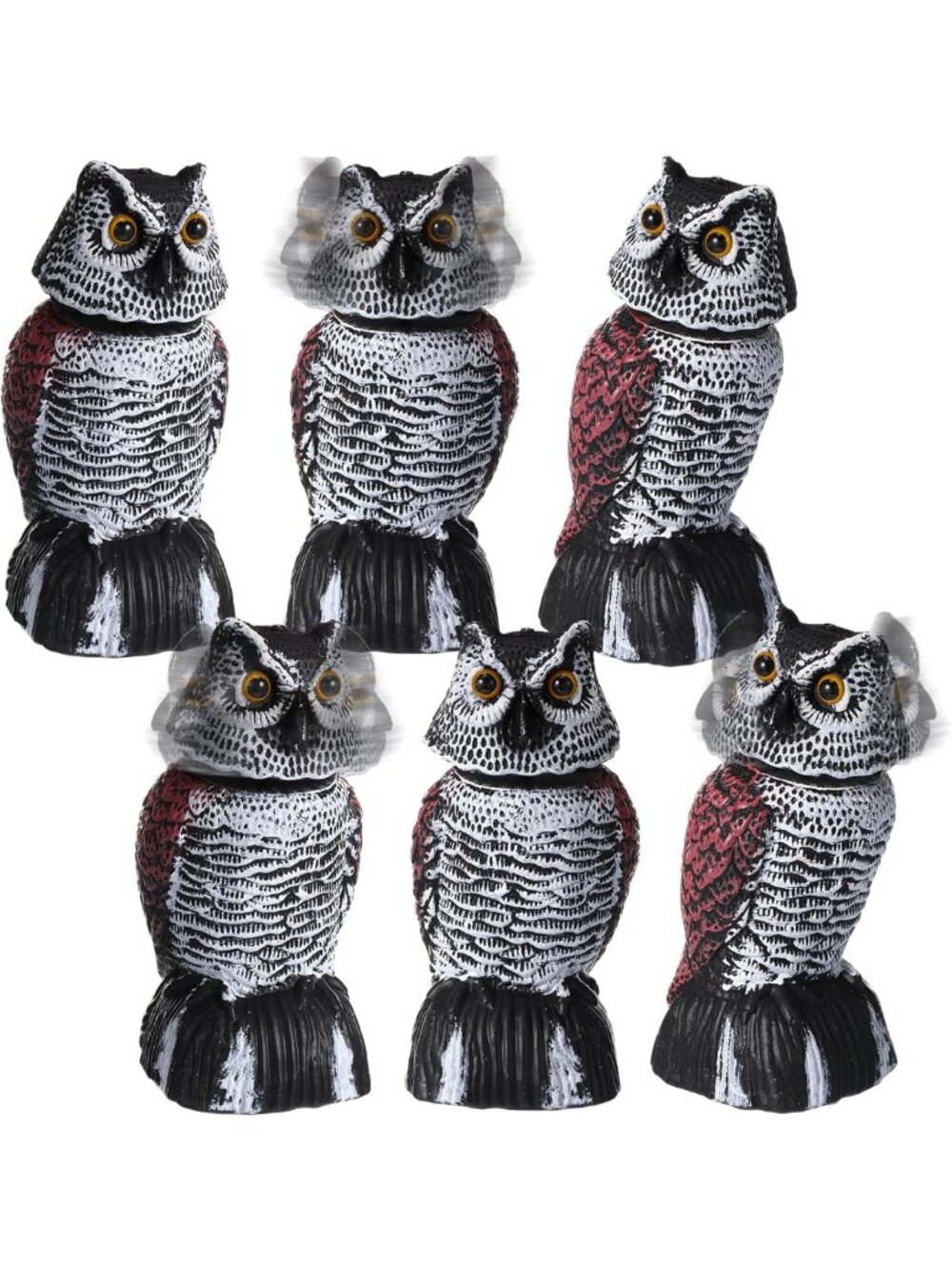 6 Mini Fake Owl Decoys for Bird Deterrent - Rotating Head Scarecrow Sculpture